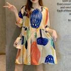 Elbow-sleeve Graffiti Print Dress Elbow Sleeve Dress - One Size