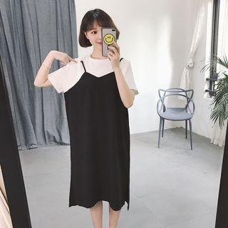 Side-slit Mock Two-piece Short-sleeve T-shirt Dress