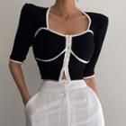 Short-sleeve Square-neck Cropped Knit Top Black - L