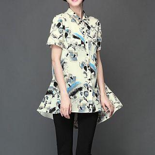 Short-sleeve Asymmetric-hem Printed Blouse