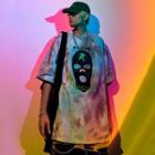Tie-dyed Letter Print Elbow-sleeve T-shirt
