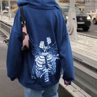 Long Sleeve Bone Print Loose-fit Hoodie