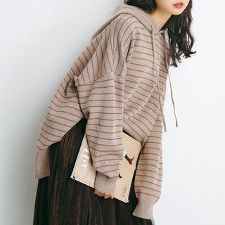 Striped Drawstring Hoodie Coffee - One Size