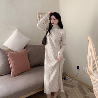 Long-sleeve High-neck Ribbed Long Dress