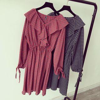 Plaid Ruffle Trim Long Sleeve Dress