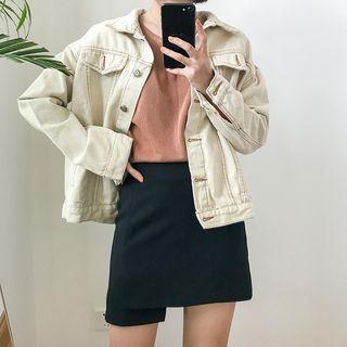 Contrast Stitching Denim Jacket Beige - One Size