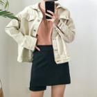 Contrast Stitching Denim Jacket Beige - One Size