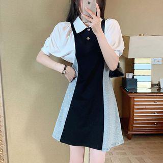 Puff-sleeve Collar Color Block Mini A-line Dress