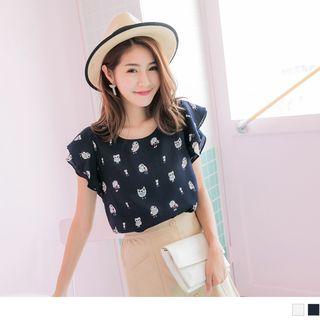 Flutter Sleeve Owl Print Top