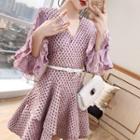 Puff-sleeve Dotted Ruffled A-line Dress