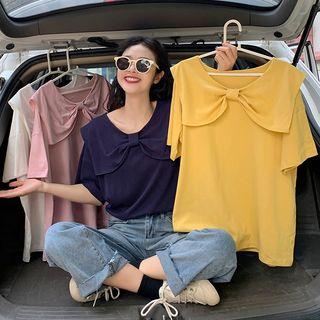 Elbow-sleeve Ribbon Collar T-shirt