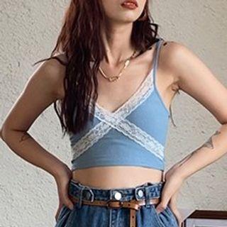 Lace Trim Crop Camisole Top Blue - One Size