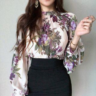 Floral Print Blouse Floral - Dark Purple - One Size
