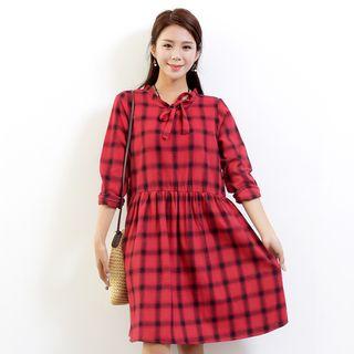 Gingham Linen Cotton Long-sleeve Dress
