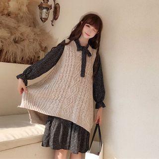 Set: Long-sleeve Plaid Dress + Cable Knit Long Vest