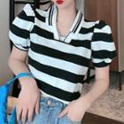 Striped Puff-sleeve T-shirt Stripes - Black & White - One Size