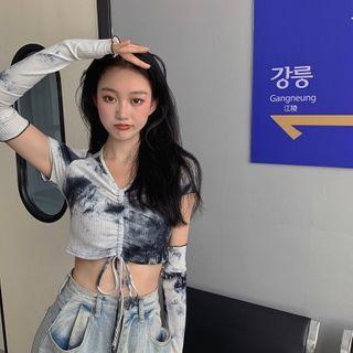 Short-sleeve Tie-dye Drawcord Crop Top