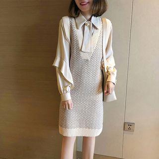 Set: Chiffon Blouse + Knit Pinafore Dress