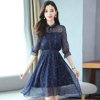 Elbow-sleeve Starry Print Chiffon A-line Dress