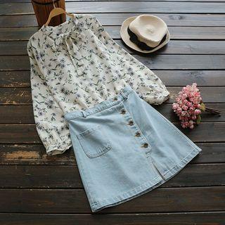 Long-sleeved Floral Print Chiffon Collar Blouse