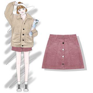 Buttoned Corduroy A-line Mini Skirt