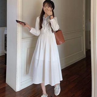Set: Long-sleeve Midi A-line Dress + Scarf