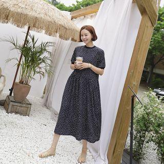 Shirred-waist Dotted Long Dress Navy Blue - One Size