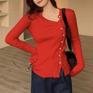 Long-sleeve Asymmetrical Button-up Knit Top