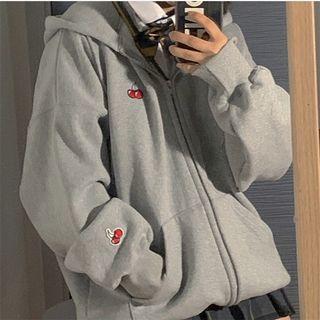 Cherry Embroidered Hooded Zip Jacket