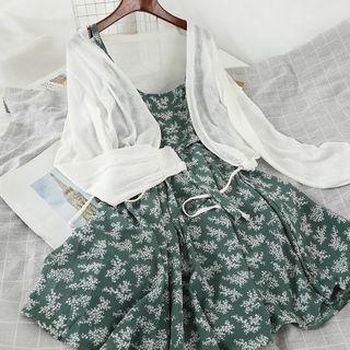 Set: Printed Spaghetti Strap A-line Dress + Cardigan