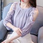 Elbow-sleeve Cold Shoulder Floral-accent Chiffon Blouse