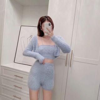 Cropped Knit Camisole Top / High-waist Shorts / Cardigan