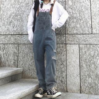 Distressed Denim Straight-cut Jumper Pants