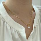 Faux Pearl Pendant Stainless Steel Necklace E71 - Gold & White - One Size