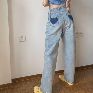 High Waist Heart Applique Loose Fit Jeans