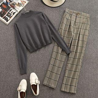 Set: Crew-neck Sweater + Plaid Straight-fit Pants