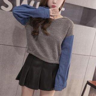 Denim Panel Hooded Sweater