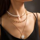 Faux Pearl Chain Layered Necklace 1 Pc - Nz1000 - Faux Pearl Chain Layered Necklace - Gold - One Size