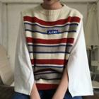 3/4-sleeve T-shirt / Striped Knit Vest / Set
