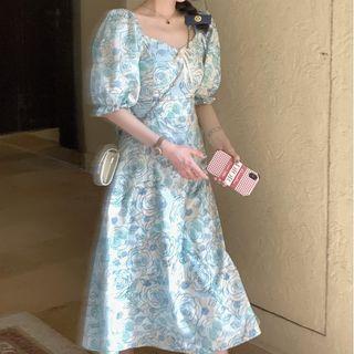 Puff-sleeve Floral Print Tie-waist Midi Dress