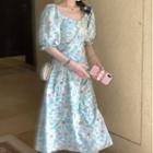 Puff-sleeve Floral Print Tie-waist Midi Dress