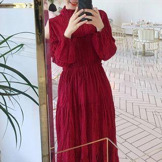 Long-sleeve Mock Neck Ruched Midi A-line Dress Red - One Size
