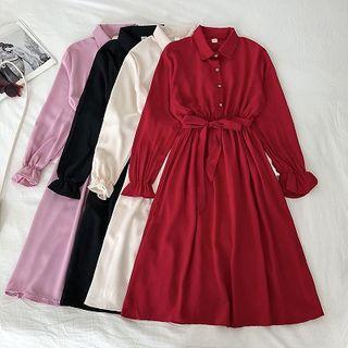 Plain Lace-up Flare-sleeve Dress