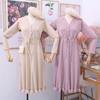 Drawstring-waist V-neck Midi Dress