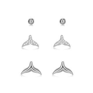Sterling Silver Simple And Refined Fish Tail Cubic Zircon Three-piece Stud Earrings Silver - One Size