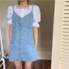 Puff-sleeve Lace Trim Top / Denim Mini Sheath Overall Dress