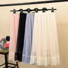 Lace Panel Mesh Overlay Midi A-line Skirt