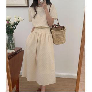 Set: Short-sleeve Crew Neck Plain Top + High Waist Midi A-line Skirt