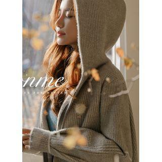 Hooded Plaid Zip-up Knit Cardigan