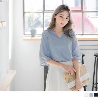 Lace Trim Collar Elbow Sleeve Top